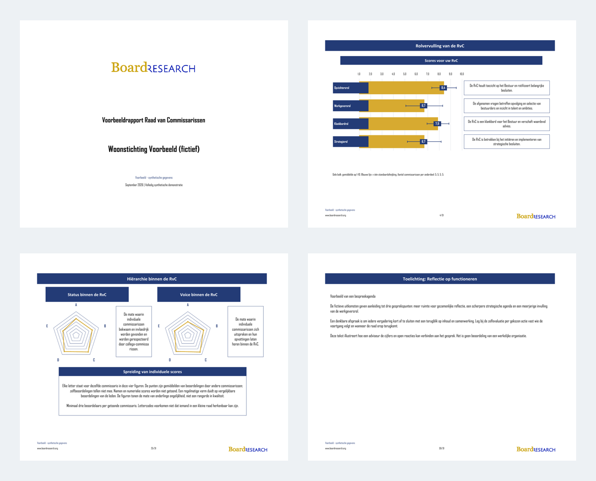 Voorbeeld uit de BoardResearch-rapportgenerator met voorbeeldgegevens